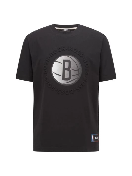 BOSS X NBA Nets Logo Cotton-Blend T-Shirt For Men 3 BOSS X NBA Nets Logo Cotton-Blend T-Shirt For Men